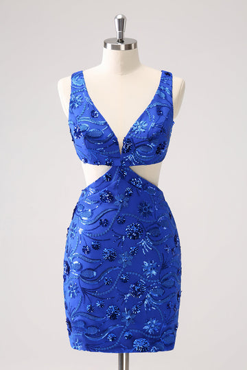 Sparkly Royal Blue Bodycon Cut Out Cocktail Dress with Beading